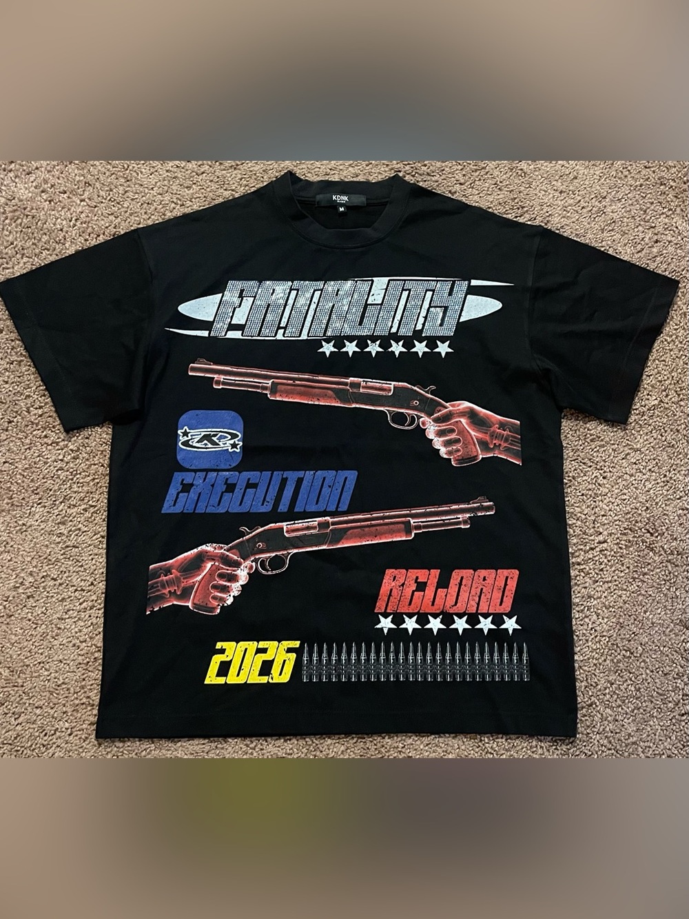 KDNK Black Graphic Tee with Shotgun Print - NWOT